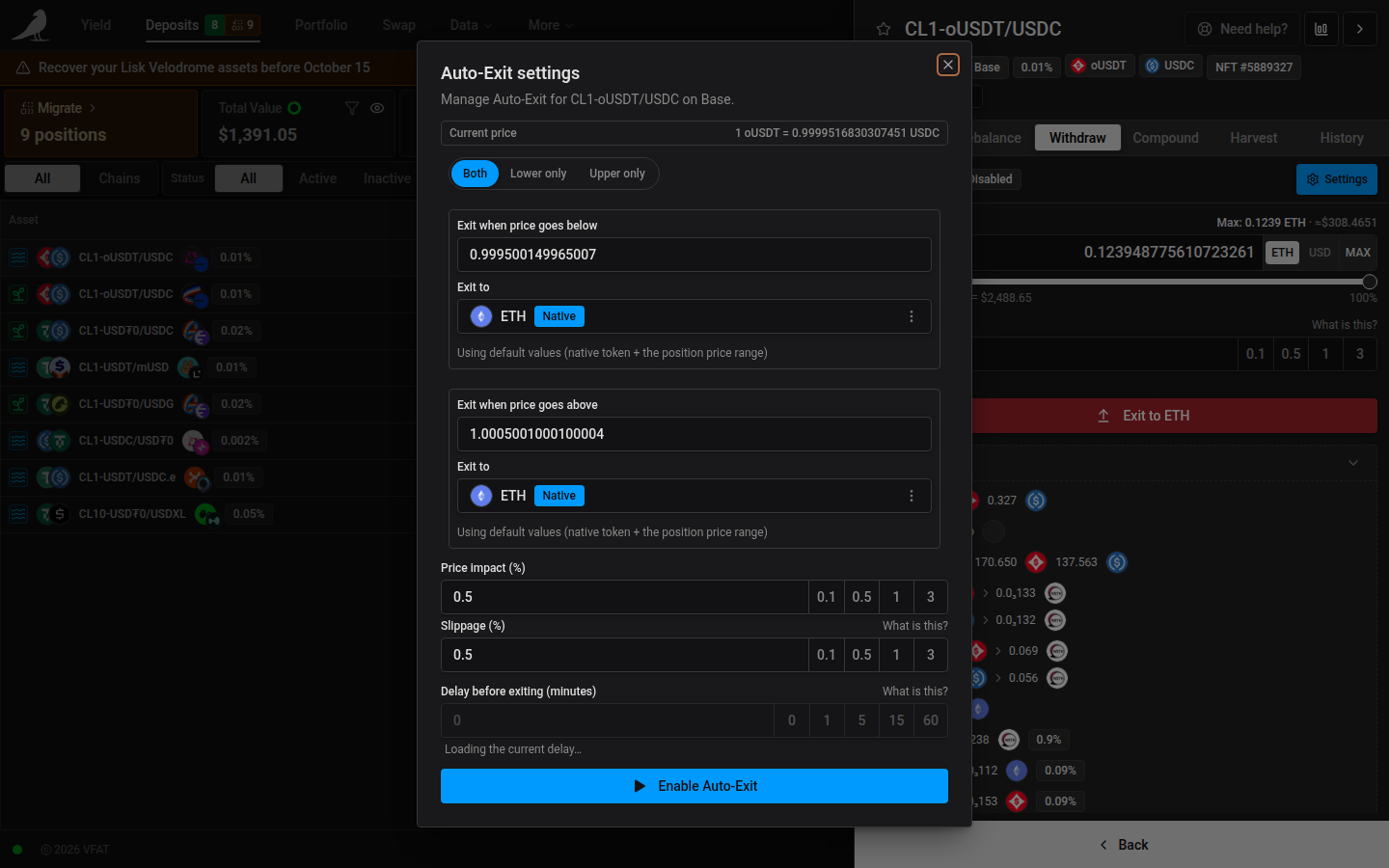 Auto-Exit settings, with lower/upper bound triggers, exit tokens, transaction limits and exit delay