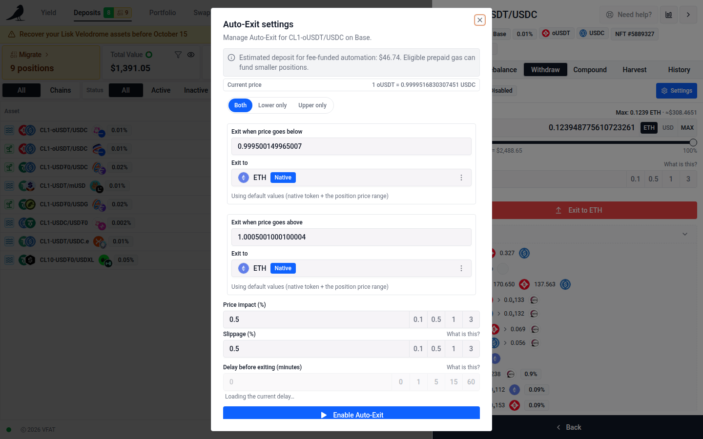 Auto-Exit settings, with lower/upper bound triggers, exit tokens, transaction limits and exit delay