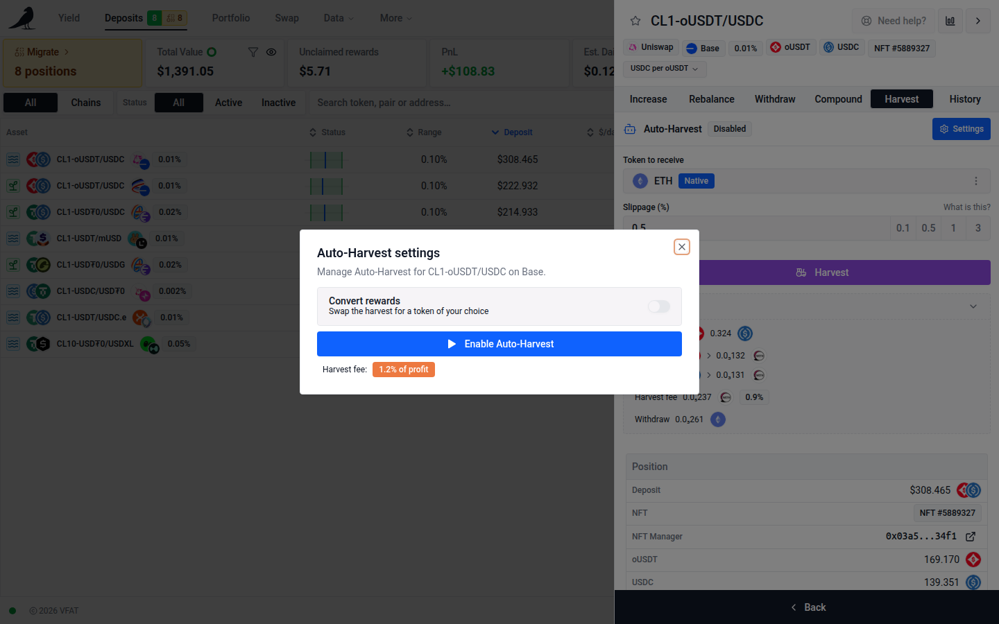 Auto-Harvest settings, with the Convert rewards toggle and the enable button
