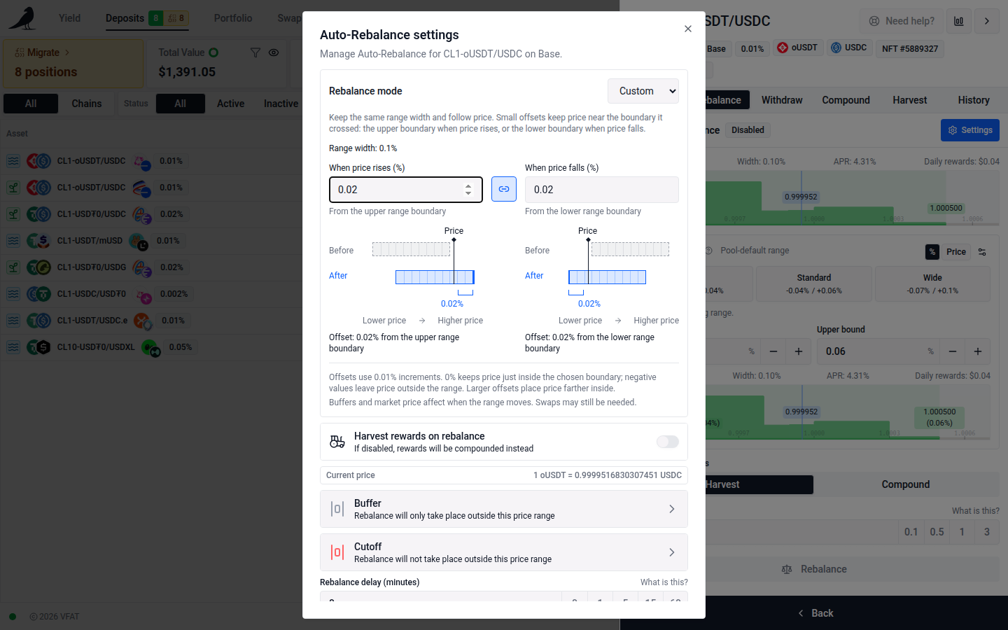 Auto-Rebalance settings, with the rebalance mode, reward handling, buffers, cutoff prices, delay and transaction limits