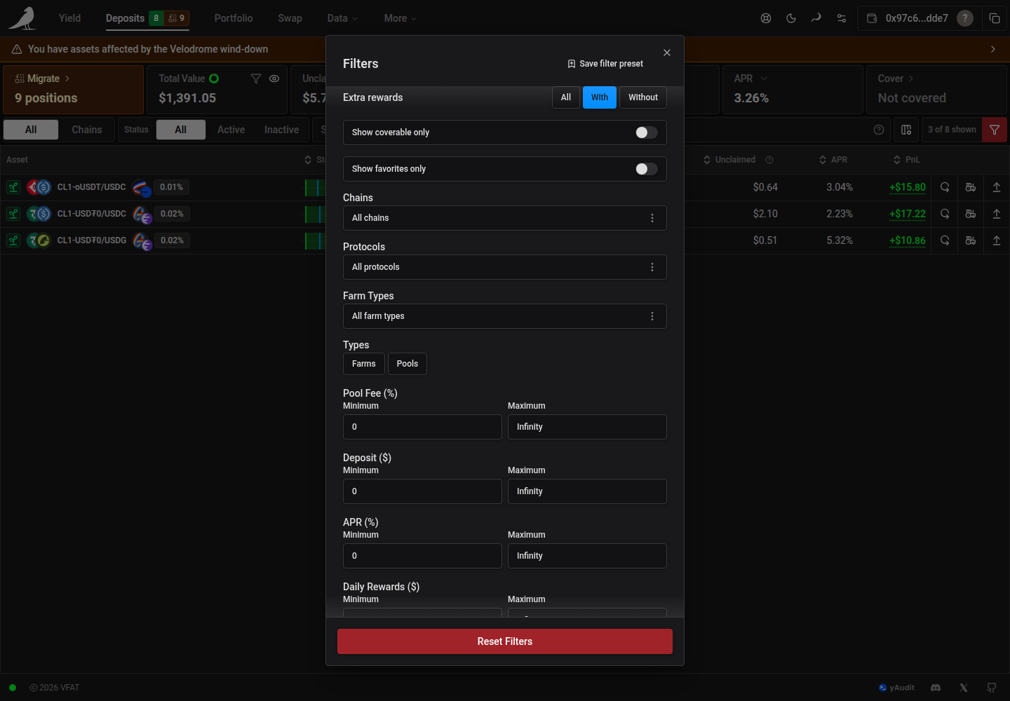 Extra rewards choices in the Deposits filters dialog