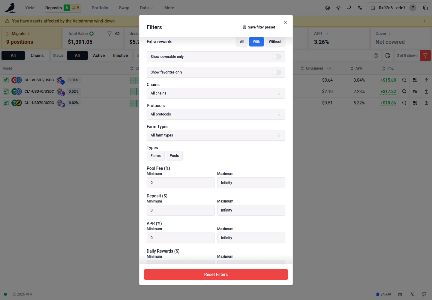 Extra rewards choices in the Deposits filters dialog