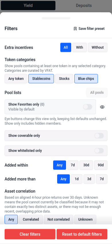 Token categories in the mobile Filters sheet